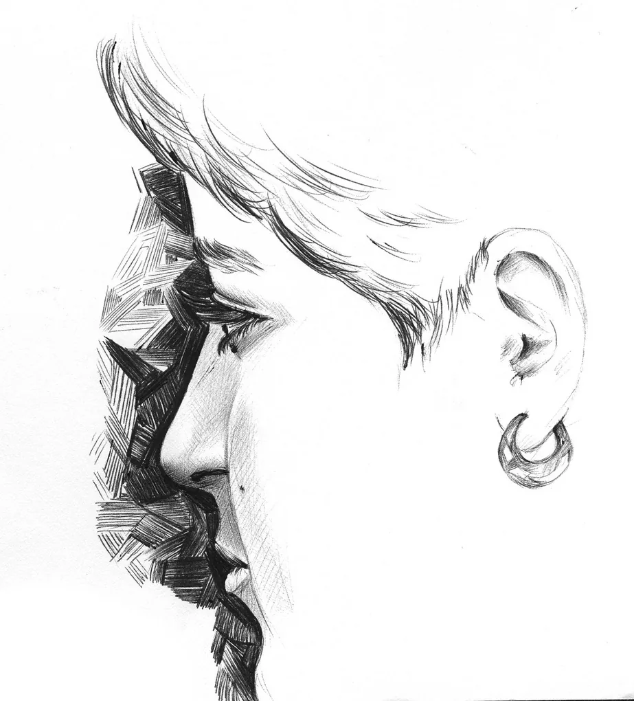 Illustration of a serene face in profile whose outline breaks into geometric shapes