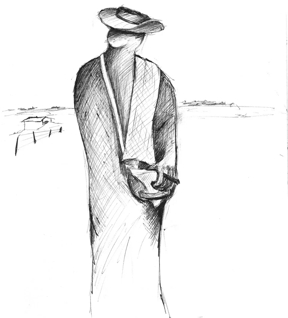 Illustration of a solitary figure standing in an open field, seen from behind, facing the horizon