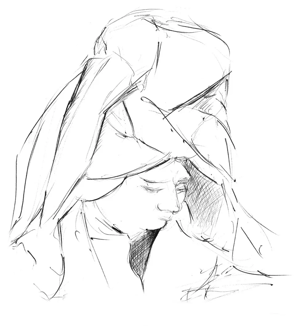 Graphite illustration of a woman with her head bowed and eyes closed, wrapped in a shawl